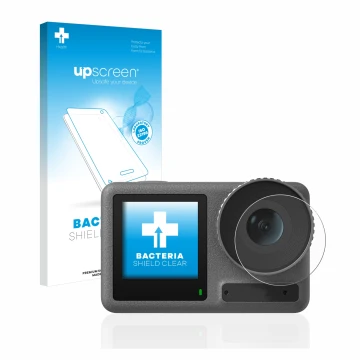 Face avant d’un emballage produit avec le logo de la marque upscreen. À côté, l’appareil DJI Osmo Action 3 (Lentille) est repr