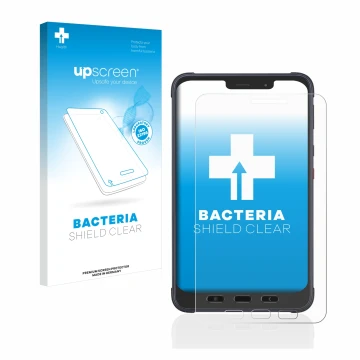 Face avant d’un emballage produit avec le logo de la marque upscreen. À côté, l’appareil Samsung Galaxy Tab Active 3 Enterpris
