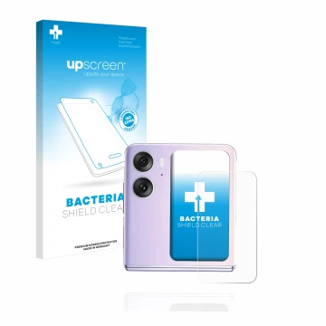 Face avant d’un emballage produit avec le logo de la marque upscreen. À côté, l’appareil Oppo Find N2 Flip (Affichage arrière)