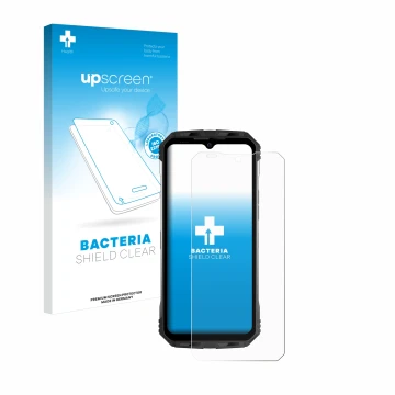 Face avant d’un emballage produit avec le logo de la marque upscreen. À côté, l’appareil Doogee S100 est représenté avec la pr