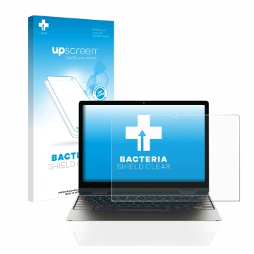 Face avant d’un emballage produit avec le logo de la marque upscreen. À côté, l’appareil Samsung Galaxy Chromebook 2 360 est r