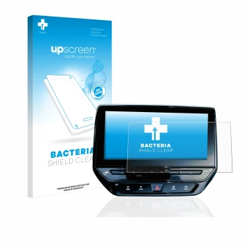 Face avant d’un emballage produit avec le logo de la marque upscreen. À côté, l’appareil Volkswagen ID.5 Discover Pro 12