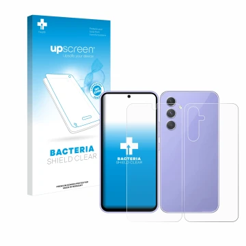 Face avant d’un emballage produit avec le logo de la marque upscreen. À côté, l’appareil Samsung Galaxy A54 5G (Avant+Arrière)
