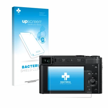Face avant d’un emballage produit avec le logo de la marque upscreen. À côté, l’appareil Panasonic Lumix DC-TZ202D est représe