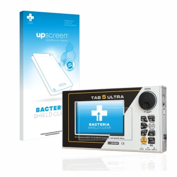 Face avant d’un emballage produit avec le logo de la marque upscreen. À côté, l’appareil Rover TAB 5 ULTRA est représenté avec