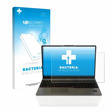 Face avant d’un emballage produit avec le logo de la marque upscreen. À côté, l’appareil Fujitsu Lifebook U7512 est représenté