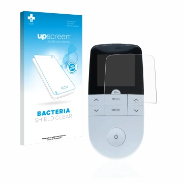 Face avant d’un emballage produit avec le logo de la marque upscreen. À côté, l’appareil Beurer EM 49 Digital TENS/EMS est rep