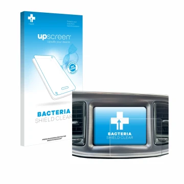Face avant d’un emballage produit avec le logo de la marque upscreen. À côté, l’appareil Dodge Challenger Uconnect 8.4