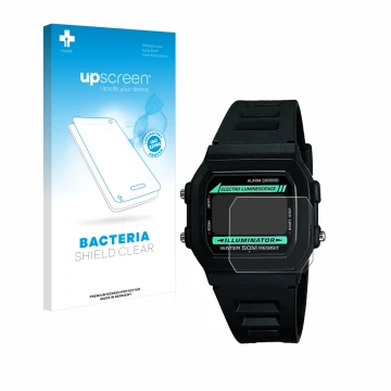 Face avant d’un emballage produit avec le logo de la marque upscreen. À côté, l’appareil Casio W-86-1VQES est représenté avec 