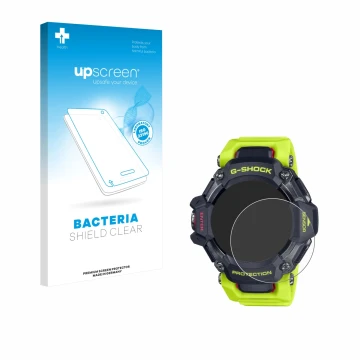 Face avant d’un emballage produit avec le logo de la marque upscreen. À côté, l’appareil Casio G-Shock GBD-H2000 est représent