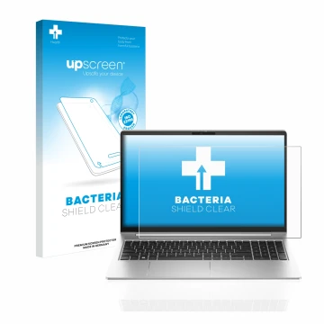 Face avant d’un emballage produit avec le logo de la marque upscreen. À côté, l’appareil HP ProBook 455 G10 est représenté ave