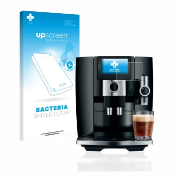 Face avant d’un emballage produit avec le logo de la marque upscreen. À côté, l’appareil Jura J8 est représenté avec la protec