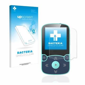 Face avant d’un emballage produit avec le logo de la marque upscreen. À côté, l’appareil AGPtek A65X MP3 Player with clip est 