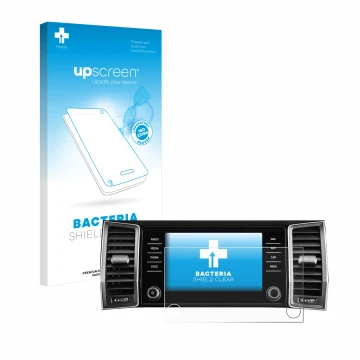Face avant d’un emballage produit avec le logo de la marque upscreen. À côté, l’appareil Skoda Amundsen Kodiaq 2023 Infotainme
