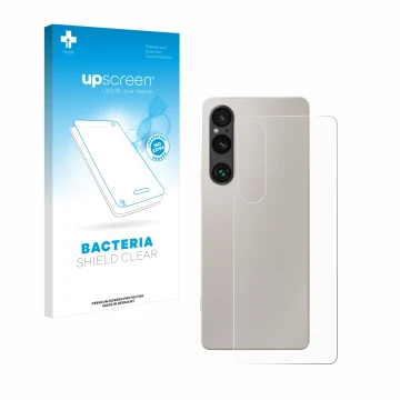 Face avant d’un emballage produit avec le logo de la marque upscreen. À côté, l’appareil Sony Xperia 1 V (Arrière) est représe