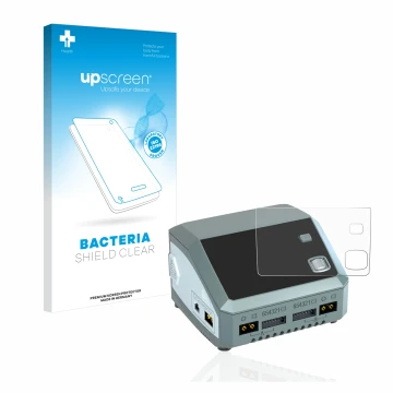 Face avant d’un emballage produit avec le logo de la marque upscreen. À côté, l’appareil SkyRc D200 neo est représenté avec la
