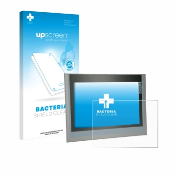 Face avant d’un emballage produit avec le logo de la marque upscreen. À côté, l’appareil Siemens Simatic TP1200 Comfort 12