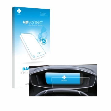 Face avant d’un emballage produit avec le logo de la marque upscreen. À côté, l’appareil Peugeot 2008 2022 Cockpit est représe