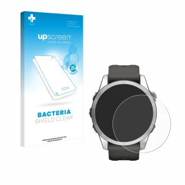 Face avant d’un emballage produit avec le logo de la marque upscreen. À côté, l’appareil Garmin Fenix 7S Pro Solar (42 mm) est
