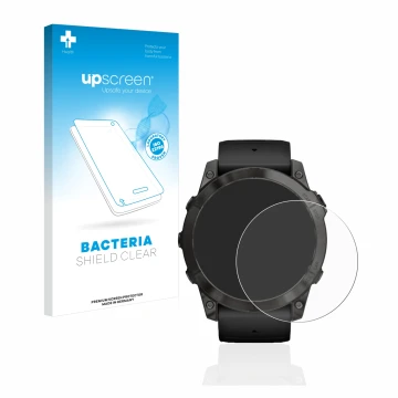 Face avant d’un emballage produit avec le logo de la marque upscreen. À côté, l’appareil Garmin Epix Pro (Gen 2) (51 mm) est r