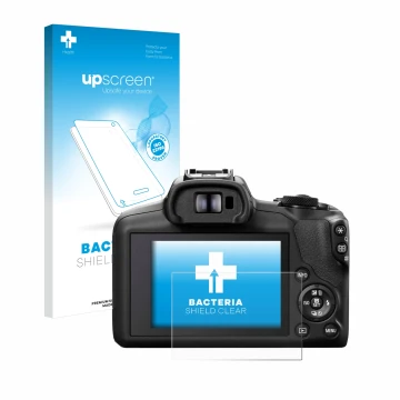 Face avant d’un emballage produit avec le logo de la marque upscreen. À côté, l’appareil Canon EOS R100 est représenté avec la