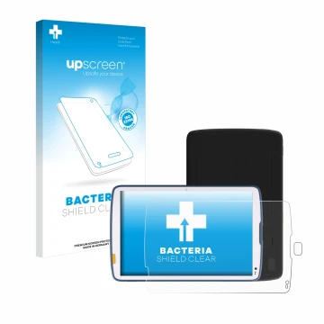 Face avant d’un emballage produit avec le logo de la marque upscreen. À côté, l’appareil Zebra ET40 10.1