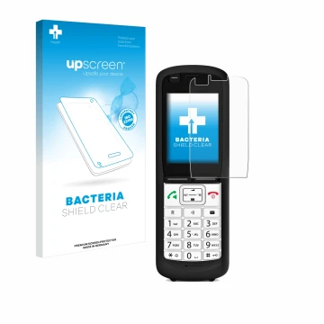 Face avant d’un emballage produit avec le logo de la marque upscreen. À côté, l’appareil Unify OpenScape DECT Phone R6 est rep