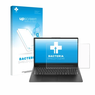 Face avant d’un emballage produit avec le logo de la marque upscreen. À côté, l’appareil Lenovo V15 G4 AMN est représenté avec