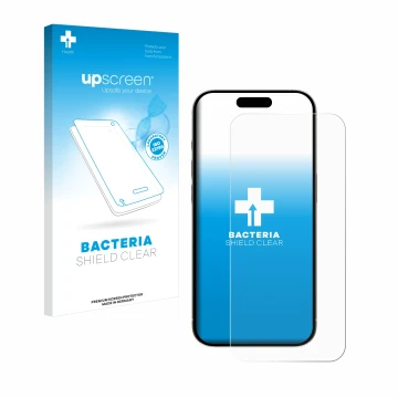 Face avant d’un emballage produit avec le logo de la marque upscreen. À côté, l’appareil Apple iPhone 15 Plus est représenté a
