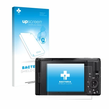 Face avant d’un emballage produit avec le logo de la marque upscreen. À côté, l’appareil Sony ZV-1M2 est représenté avec la pr