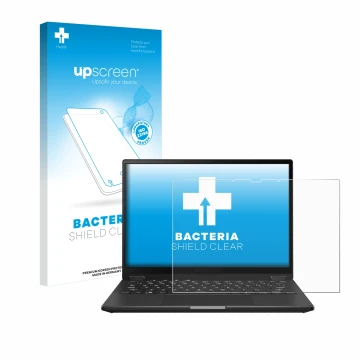 Face avant d’un emballage produit avec le logo de la marque upscreen. À côté, l’appareil ASUS ROG Flow X13 2023 est représenté