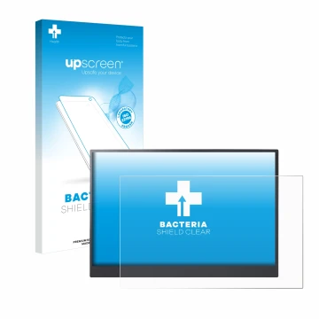 Face avant d’un emballage produit avec le logo de la marque upscreen. À côté, l’appareil LG gram +view 16MR70 moniteur portabl