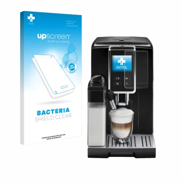 Face avant d’un emballage produit avec le logo de la marque upscreen. À côté, l’appareil DeLonghi Dinamica Plus ECAM370.70.B e
