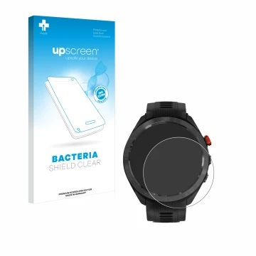 Face avant d’un emballage produit avec le logo de la marque upscreen. À côté, l’appareil Garmin Approach S70 (47 mm) est repré