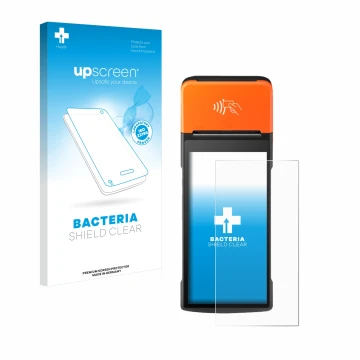 Face avant d’un emballage produit avec le logo de la marque upscreen. À côté, l’appareil Sunmi V2 Pro est représenté avec la p