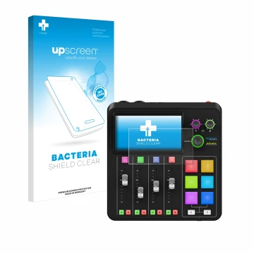 Face avant d’un emballage produit avec le logo de la marque upscreen. À côté, l’appareil Rode Rodecaster Duo est représenté av