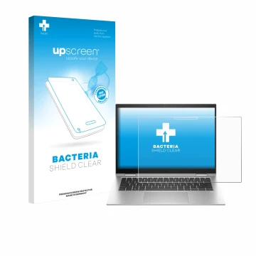 Face avant d’un emballage produit avec le logo de la marque upscreen. À côté, l’appareil HP EliteBook x360 1040 G10 est représ