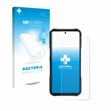 Face avant d’un emballage produit avec le logo de la marque upscreen. À côté, l’appareil Doogee V20 Pro est représenté avec la