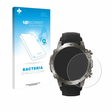 Face avant d’un emballage produit avec le logo de la marque upscreen. À côté, l’appareil Huami Amazfit Falcon est représenté a