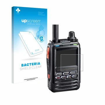 Face avant d’un emballage produit avec le logo de la marque upscreen. À côté, l’appareil Yaesu FT-5DE/DR est représenté avec l