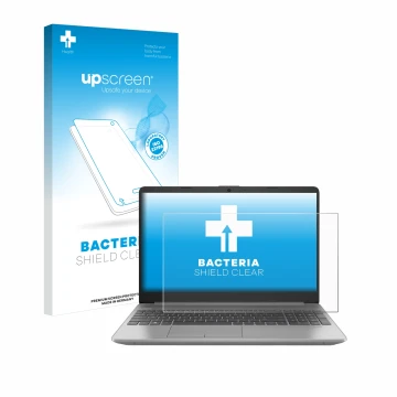 Face avant d’un emballage produit avec le logo de la marque upscreen. À côté, l’appareil HP 250 G9 est représenté avec la prot