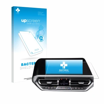 Face avant d’un emballage produit avec le logo de la marque upscreen. À côté, l’appareil BMW 3 G20 2020 est représenté avec la