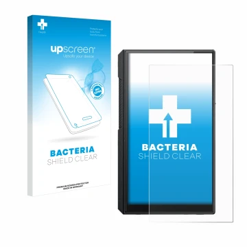 Face avant d’un emballage produit avec le logo de la marque upscreen. À côté, l’appareil FiiO M11s est représenté avec la prot