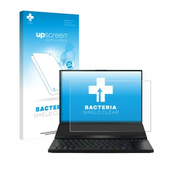 Face avant d’un emballage produit avec le logo de la marque upscreen. À côté, l’appareil ASUS ROG Zephyrus Duo 16 2023 est rep