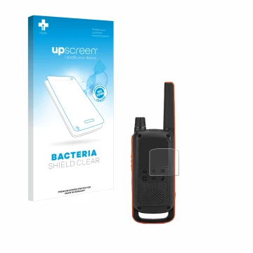 Face avant d’un emballage produit avec le logo de la marque upscreen. À côté, l’appareil Motorola Talkabout T82 est représenté