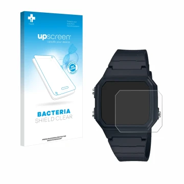 Face avant d’un emballage produit avec le logo de la marque upscreen. À côté, l’appareil Casio W-217H-1AVCF est représenté ave