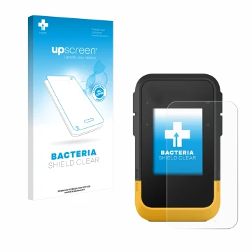 Face avant d’un emballage produit avec le logo de la marque upscreen. À côté, l’appareil Garmin eTrex SE est représenté avec l