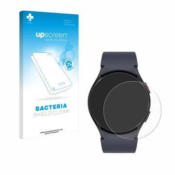 Face avant d’un emballage produit avec le logo de la marque upscreen. À côté, l’appareil Samsung Galaxy Watch 6 (44 mm) est re