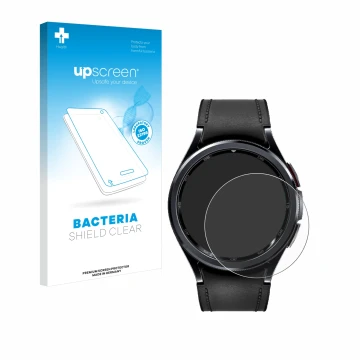 Face avant d’un emballage produit avec le logo de la marque upscreen. À côté, l’appareil Samsung Galaxy Watch 6 Classic (43 mm