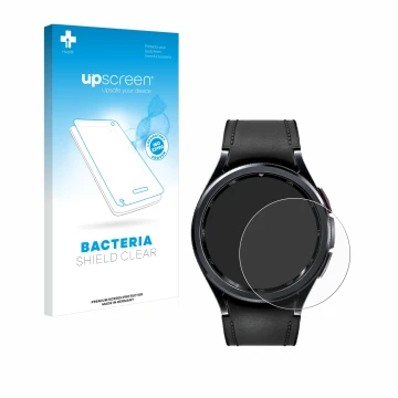 Face avant d’un emballage produit avec le logo de la marque upscreen. À côté, l’appareil Samsung Galaxy Watch 6 Classic (47 mm